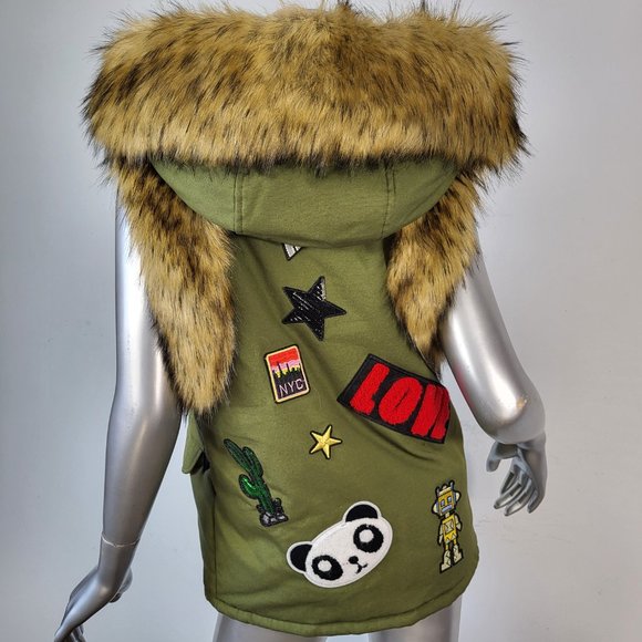 NWOT~$545~KINGSTAR~S/M~ARMY GREEN HOODED FAUX FOX RACCOON FUR PATCHES VEST COAT